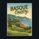 Baskien Land vintage Vykort<br><div class="desc">En fängslande och nostalgisk skildring av Baskien Land, ett unikt område i norra Spanien som är känt för sina fantastiska landskap och rikens kulturarv. Utformningen har det dramatiska kusten, rullande grönt backe och charmig städer som San Sebastián och Bilbao. I en vintage stil frammanar konstverket regionens pulserande traditioner, utsökt cuisine...</div>