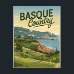 Baskien Land vintage Vykort<br><div class="desc">En fängslande och nostalgisk skildring av Baskien Land, ett unikt område i norra Spanien som är känt för sina fantastiska landskap och rikens kulturarv. Utformningen har det dramatiska kusten, rullande grönt backe och charmig städer som San Sebastián och Bilbao. I en vintage stil frammanar konstverket regionens pulserande traditioner, utsökt cuisine...</div>