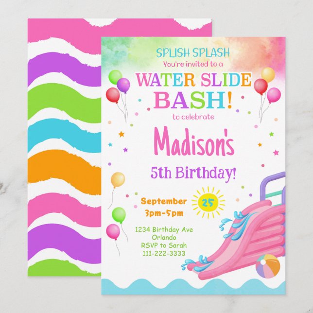Baskinbjudan till färgad vattenbild på födelsedags inbjudningar (Fram/baksida)