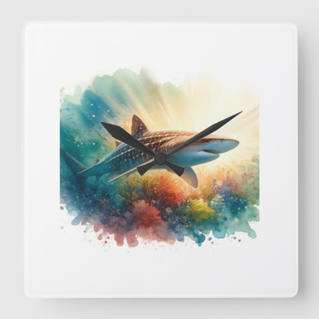 Basking Shark Elegance AREF804 - Watercolor Fyrkantig Klocka (Framsida)