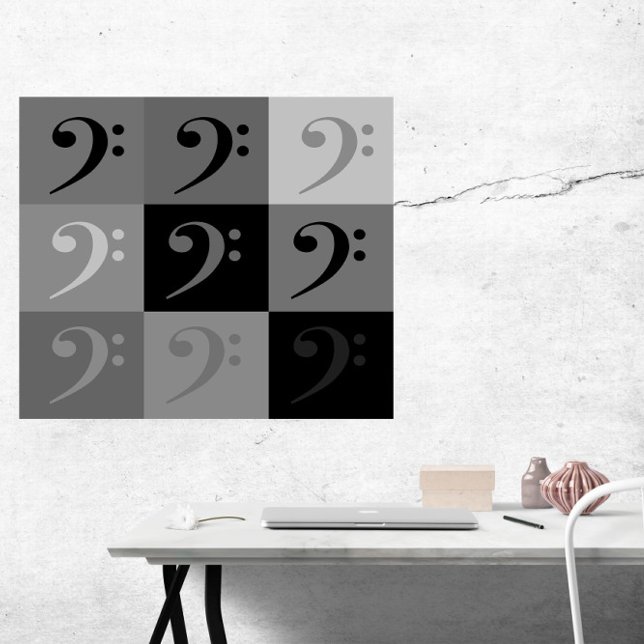 Basklövsmönster svart grått poster (A poster of a bass clef pattern in various shades of gray and black.)