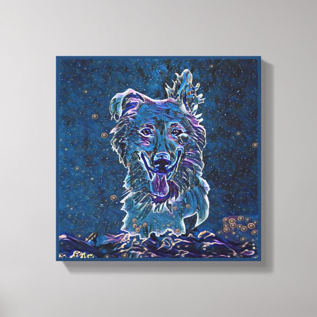 Baskque Shepherd Blue Starry Night Painting Stil Canvastryck (Framsida)