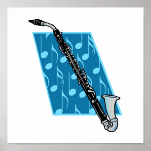 Bass Clarinet med blå bakgrund och Musik noter Poster