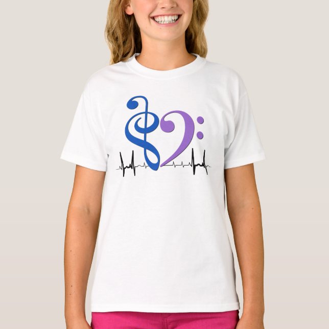 Bass Clef Heart EKG Vågar Blue & Amethyst T Shirt (Framsida)