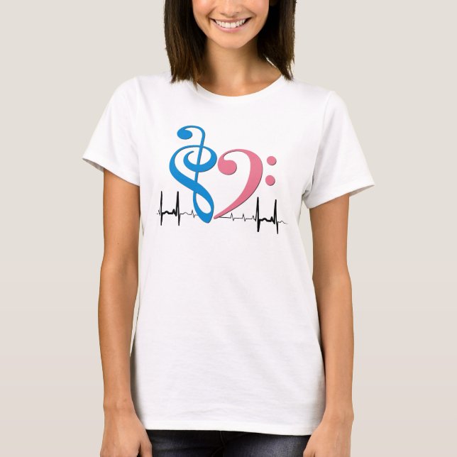 Bass Clef Heart EKG Vågar Cyan & Rosa T Shirt (Framsida)