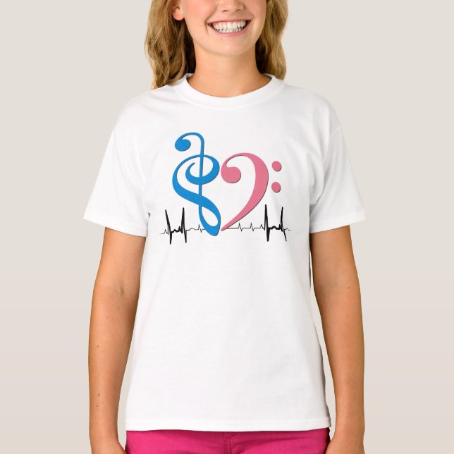 Bass Clef Heart EKG Vågar Cyan & Rosa T Shirt (Framsida)