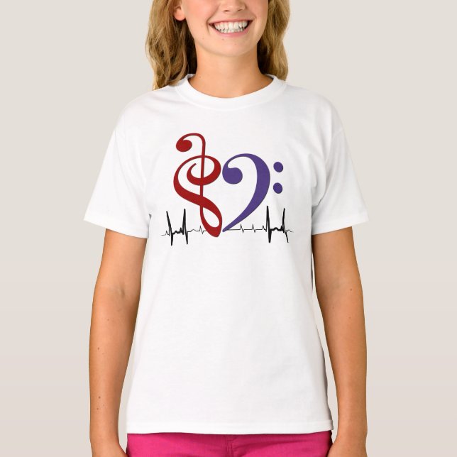 Bass Clef Heart EKG Vågar Red & Lila T-Shirt (Framsida)
