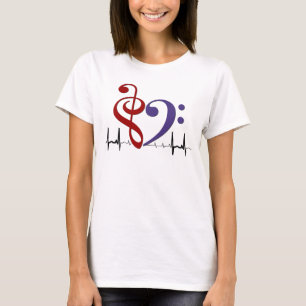 Bass Clef Heart EKG Vågar Red & Lila T-Shirt