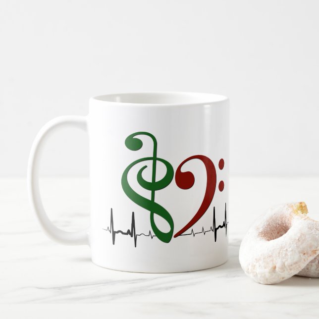 Bass Clef Heart EKG Vinkar Grönt & Ruby Red Kaffemugg (Med munk)