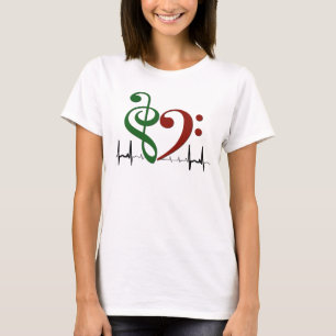 Bass Clef Heart EKG Vinkar Grönt & Ruby Red T Shirt