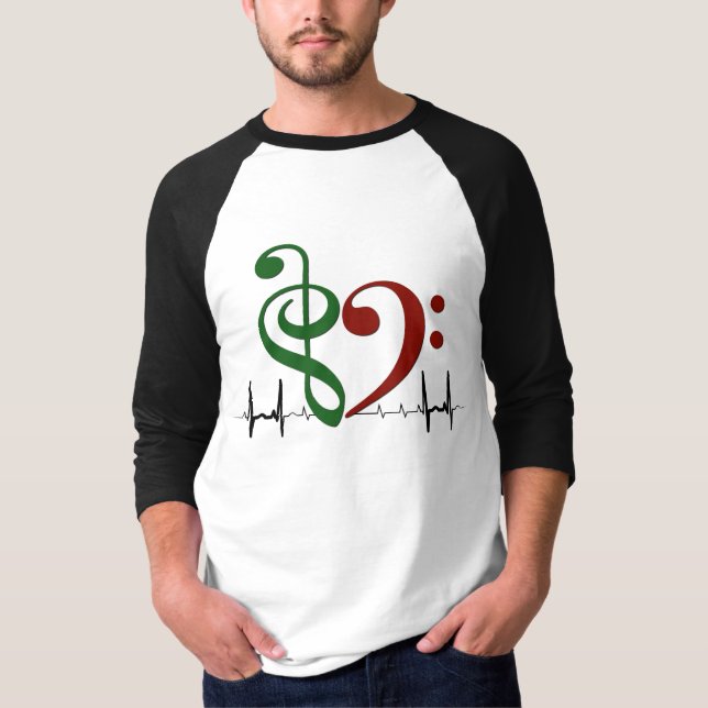 Bass Clef Heart EKG Vinkar Grönt & Ruby Red T Shirt (Framsida)