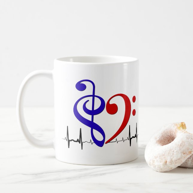 Bass Clef Heart EKG Vinkar Navy Blue & Red Kaffemugg (Med munk)