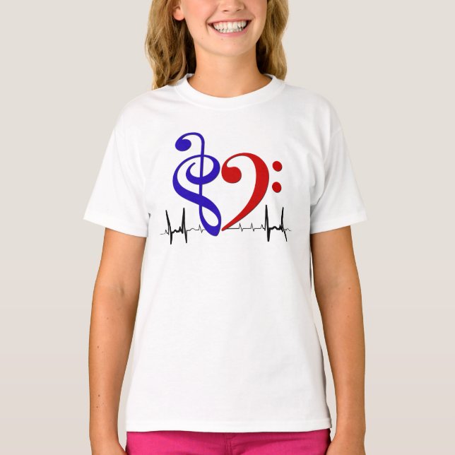 Bass Clef Heart EKG Vinkar Navy & Red T Shirt (Framsida)