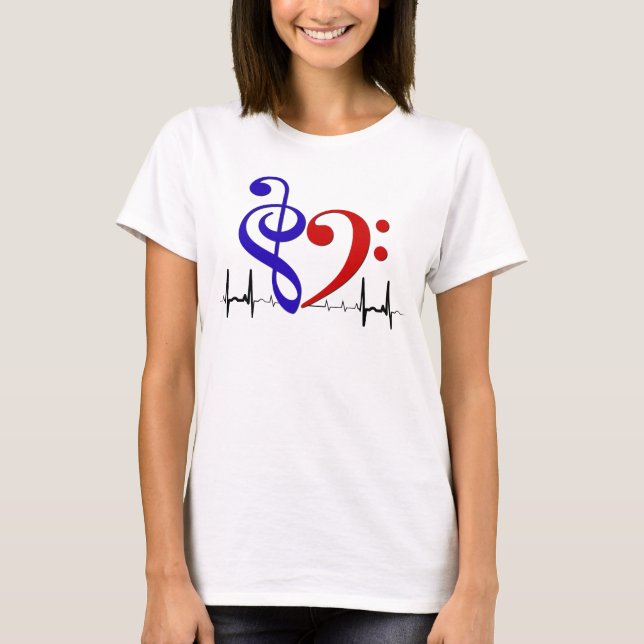 Bass Clef Heart EKG Vinkar Navy & Red T Shirt (Framsida)