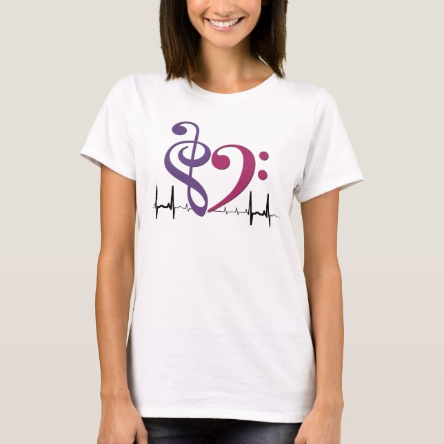 Bass Clef Heart EKG Wave Lila & Mulberry T Shirt (Framsida)