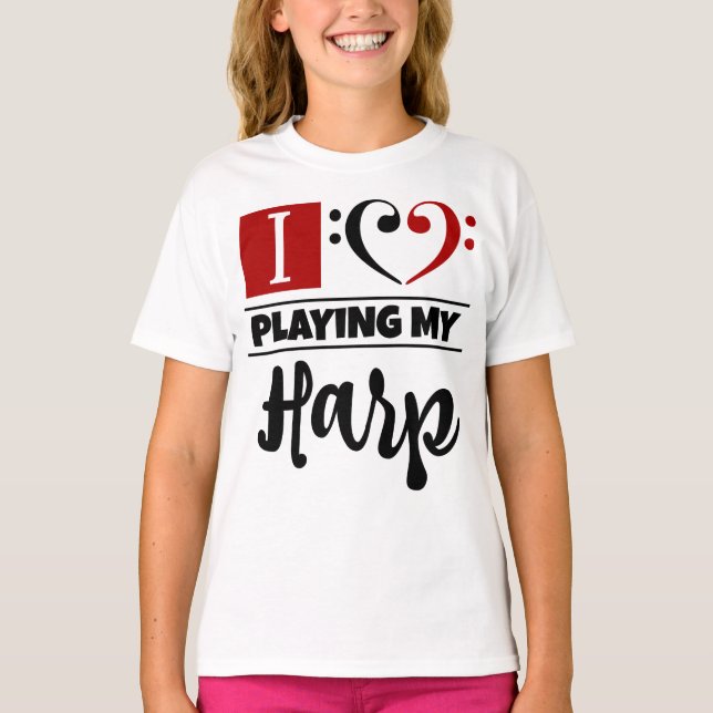 Bass Clef Heart I Kärlek spelar min harp T Shirt (Framsida)
