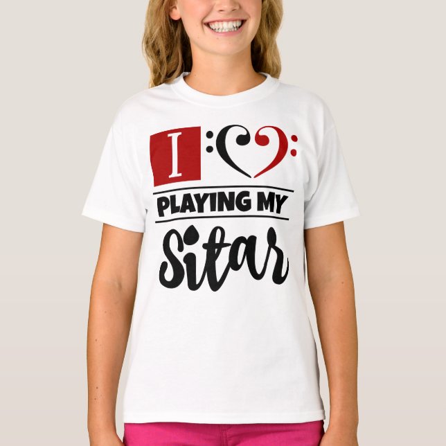 Bass Clef Heart I Kärlek spelar min Sitar T Shirt (Framsida)