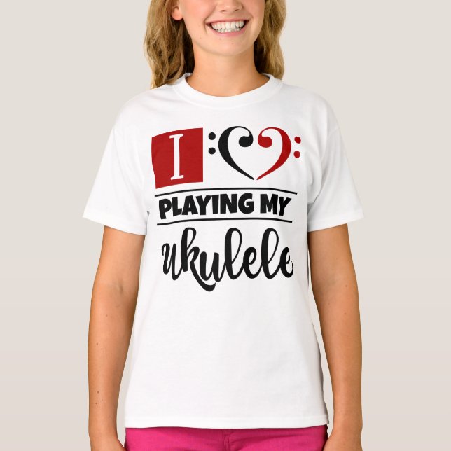 Bass Clef Heart I Kärlek spelar min Ukulele T Shirt (Framsida)