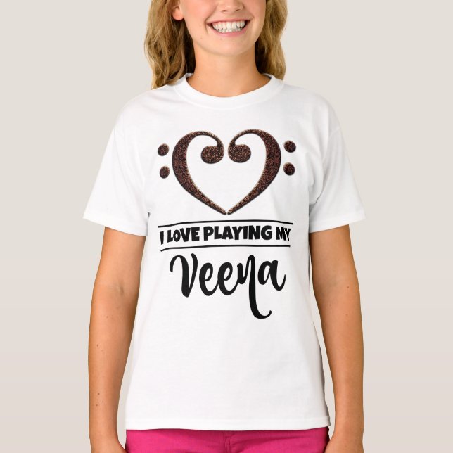 Bass Clef Heart Kärlek Spela Veena T Shirt (Framsida)
