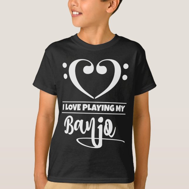 Bass Clef Heart Kärlek spelar Banjo T Shirt (Framsida)