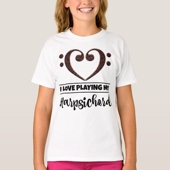 Bass Clef Heart Kärlek spelar Harpsichord T Shirt (Framsida)
