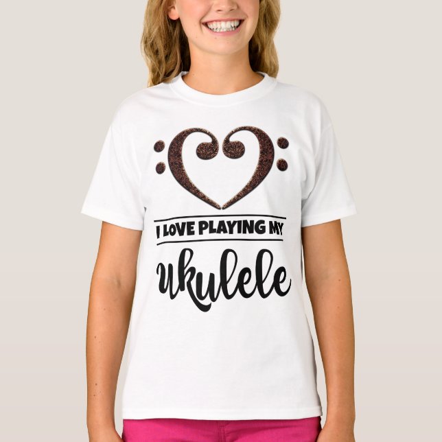 Bass Clef Heart Kärlek spelar Ukulele T Shirt (Framsida)