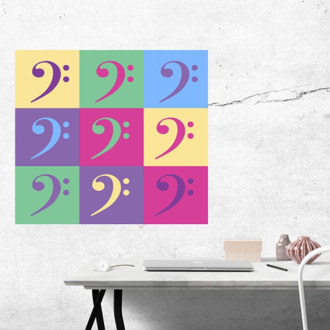 Bass Clef Mönster Bright Färg Mönster Poster (A poster of bass clefs in purple, pink, blue, green and yellow)