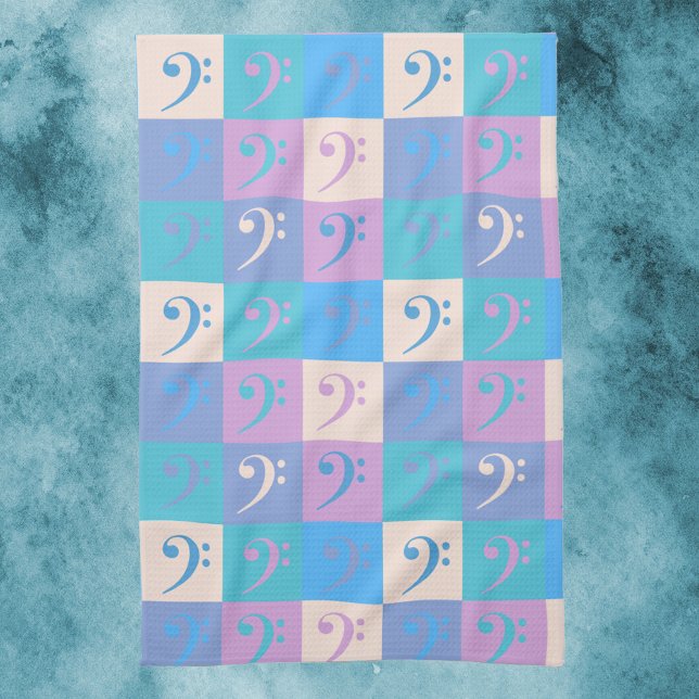 Bass Clef Music Mönster Pastel Färg Kökshandduk (A kitchen towel with a pattern of bass clef symbols in pastel colors.)