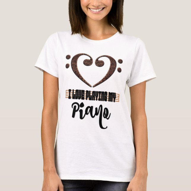 Bass Clef Musical Heart I Love Playing My Piano T Shirt (Framsida)