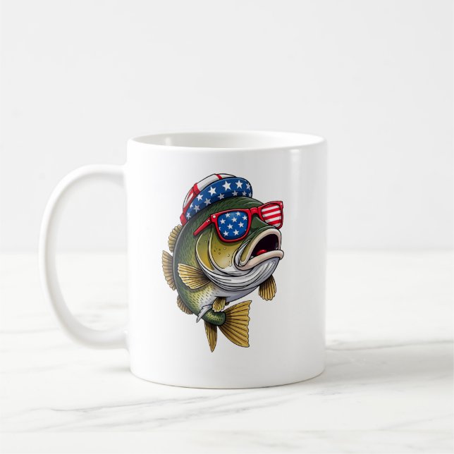 Bass Fish Fishing 4:e juli Amerika Flagga USA Kaffemugg (Vänster)