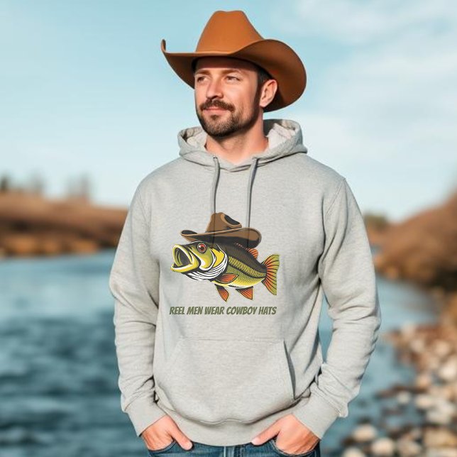 Bass Fish Reel Manar Bära Cowboy Hats Hoodie (Funny Fish Hoodie for Him Fish with a Cowboy Hat Fathers Day gifts Gifts for him)