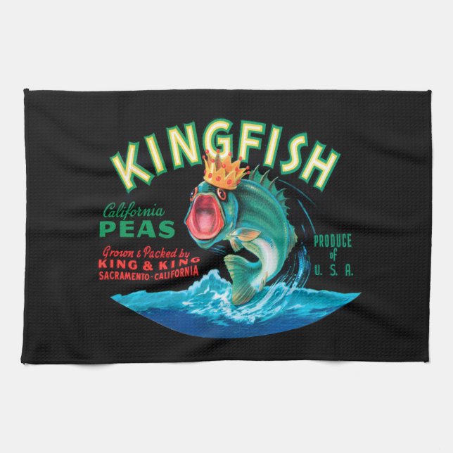 Bass Fish Wed a Krona på en svart bakgrund Kökshandduk (Horisontell)