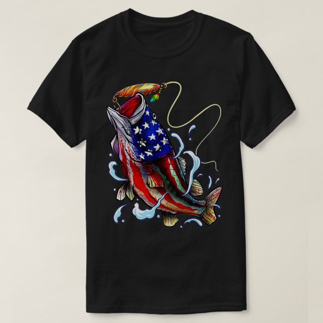 Bass Fishing American Flagga Pappa Far Fjärde T Shirt (Design framsida)