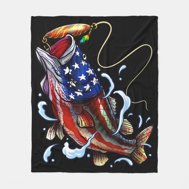 Bass Fishing American Flagga Patriotic Fishing Fleecefilt (Framsidan)