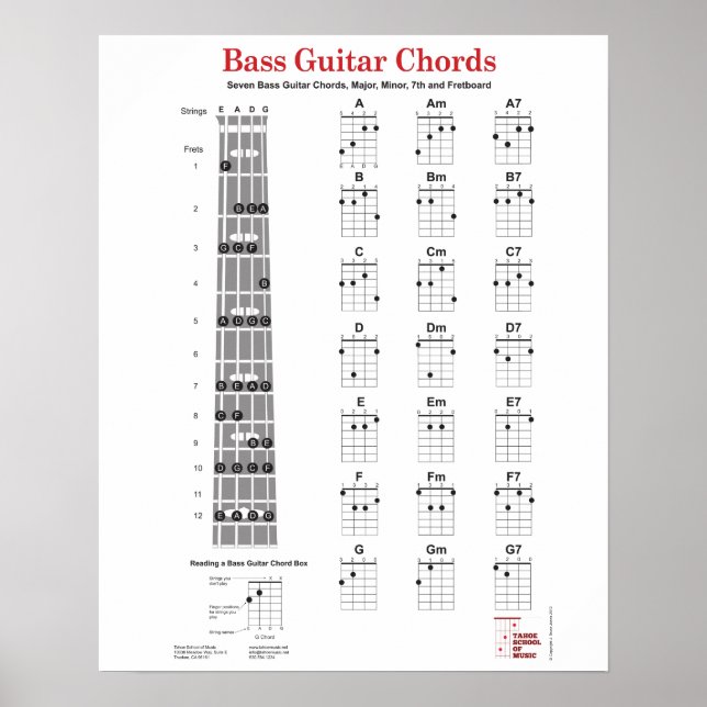 Bass Guitar Chord Fingering Chart och Fretboard Poster (Framsidan)