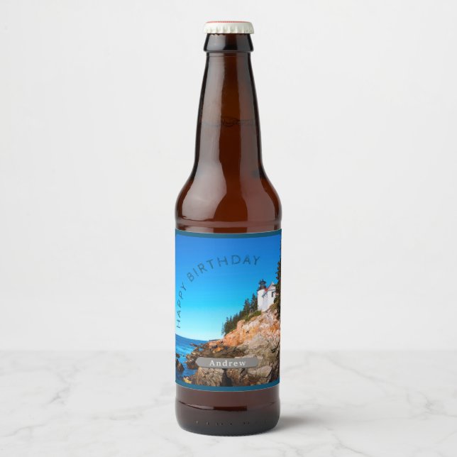 Bass Harbour Lighthouse Birthday Acadia NP Ölflaska Etikett (Framsida)
