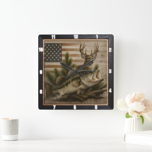 Bass Hjort American Flagga Fyrkantig Klocka
