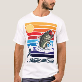 Bass Mun Retro Solnedgång Hoppande Fisk T Shirt