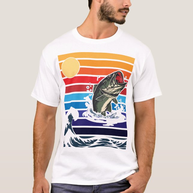 Bass Mun Retro Solnedgång Hoppande Fisk T Shirt (Framsida)