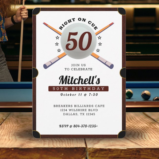 Bassäng 50:e Födelsedagsfesten vit Inbjudningar (Pool Billiards 50th Birthday Party White Invitation
)