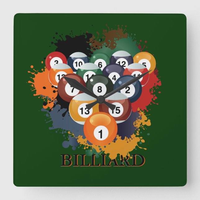 Bassäng Billiard Bollar Wall Clock Fyrkantig Klocka (Framsida)