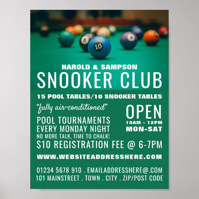 Bassäng Bord, Bassäng Klubb, Snooker Klubb Reklam Poster (Framsidan)
