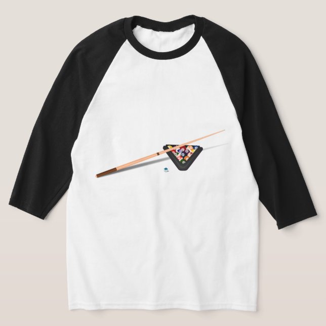 Bassäng Bord Cue Stick och Bollar Namn på baksidan T Shirt (Laydown)