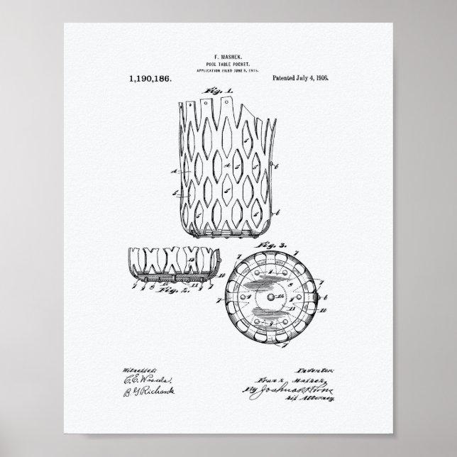 Bassäng Bord Pocket 1916 Patent Art - Vit Papper Poster (Framsidan)