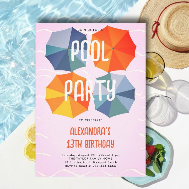 Bassäng Födelsedagsfest Parbrellas Coola Rosa Tonå Inbjudningar (teen pool party invitations for girls tween thirteen pink teal aqua blue umbrellas cute modern cool)