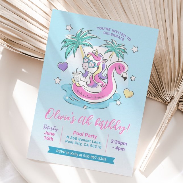 Bassäng Födelsedagsfest Unicorn Flamingo Tropical Inbjudningar (Skapare uppladdad)