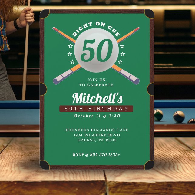 Bassäng-miljardkort, Grönt 50:e Födelsedagsfesten Inbjudningar (Pool Billiards 50th Birthday Party Green Invitation
)