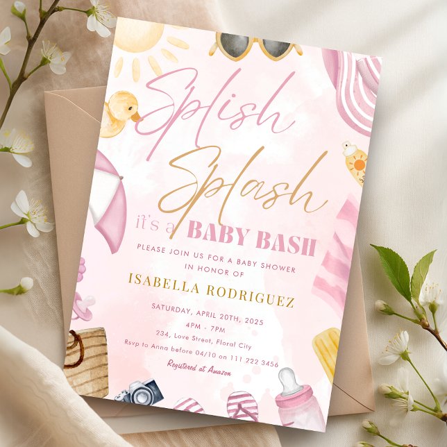 Bassäng Party Baby Shower Rosa Speth Stänk Bash Inbjudningar (Pool Party Baby Shower Pink Splish Splash Bash Invitation)