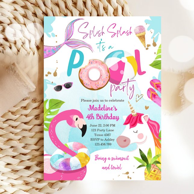 Bassäng Party Bash Unicorn Sjöjungfru Flamingo Bir Inbjudningar (Skapare uppladdad)