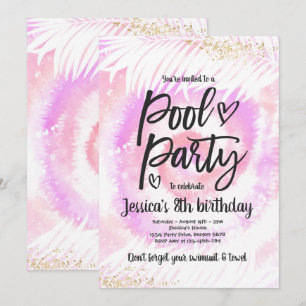 Bassäng Party Birthday Rosa Tie Dye Bassäng Party Inbjudningar